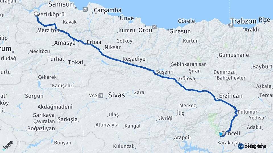 Tunceli Vezirköprü Samsun Arası Kaç Km - Yol Haritası