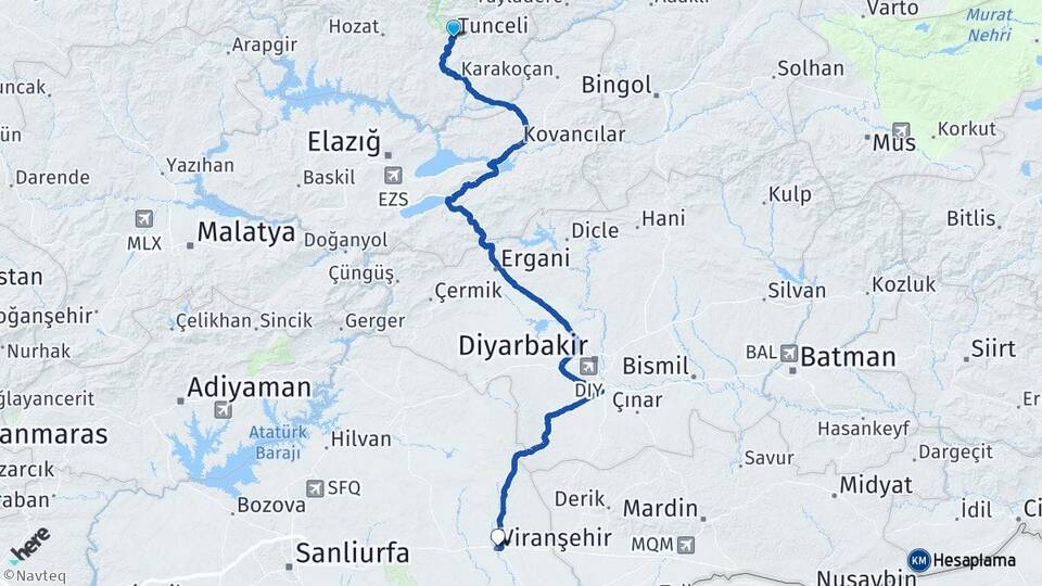 Tunceli Viranşehir Şanlıurfa Arası Kaç Km - Yol Haritası