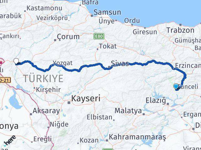 Tunceli Yahşihan Kırıkkale Arası Kaç Km - Yol Haritası
