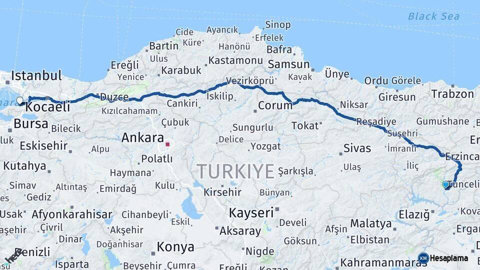 Tunceli Yalova Arası Kaç Km - Yol Haritası