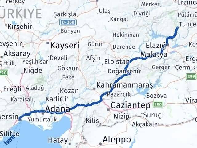 Tunceli Yenişehir Mersin Arası Kaç Km - Yol Haritası