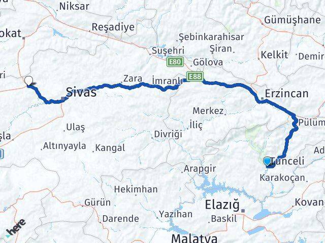 Tunceli Yıldızeli Sivas Arası Kaç Km - Yol Haritası