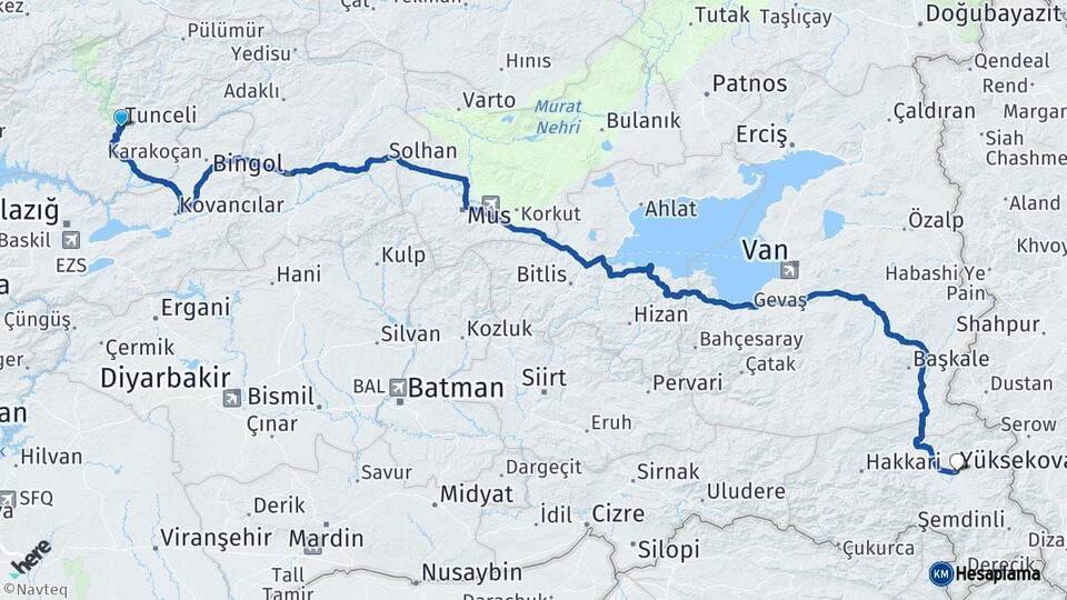 Tunceli Yüksekova Hakkari Arası Kaç Km - Yol Haritası