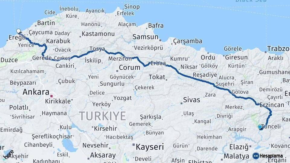 Tunceli Zonguldak Arası Kaç Km - Yol Haritası