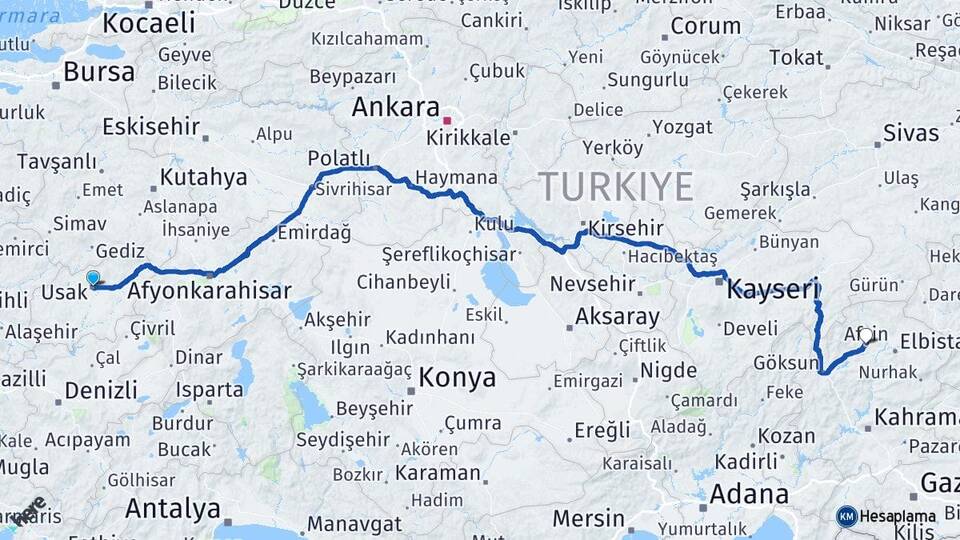 Uşak Afşin Kahramanmaraş Arası Kaç Km - Yol Haritası