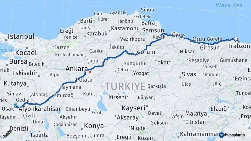 Uşak Akçaabat Trabzon Arası Kaç Km - Yol Haritası