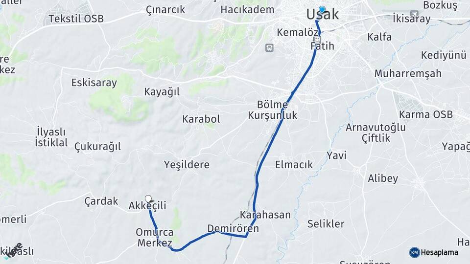 Uşak Akkeçili Ulubey Arası Kaç Km - Yol Haritası