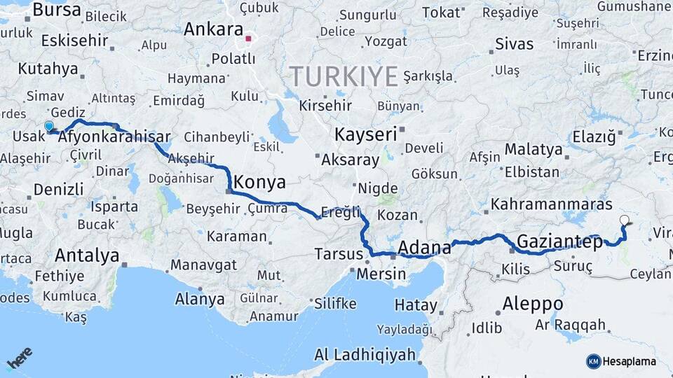 Uşak Alanyurt Siverek Şanlıurfa Arası Kaç Km - Yol Haritası