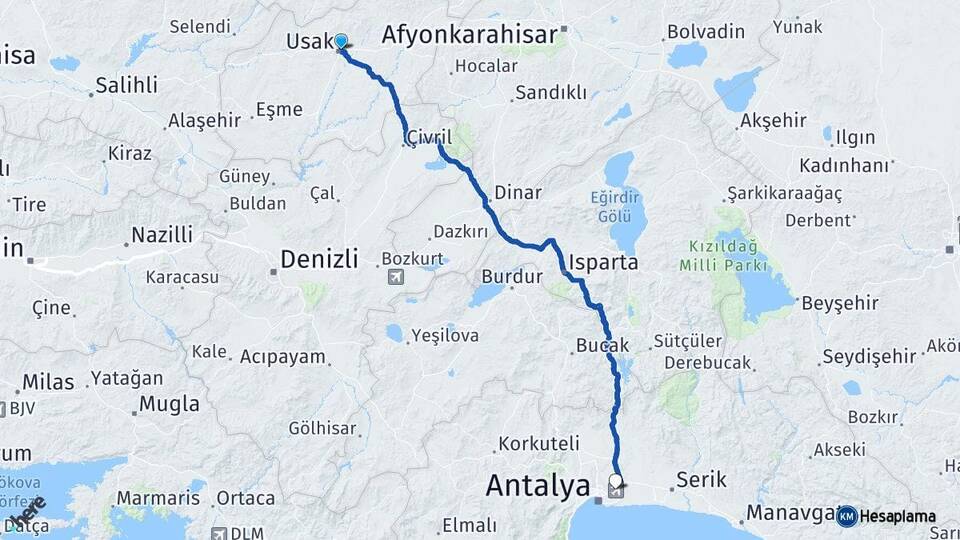 Uşak Antalya Havalimanı Arası Kaç Km - Yol Haritası