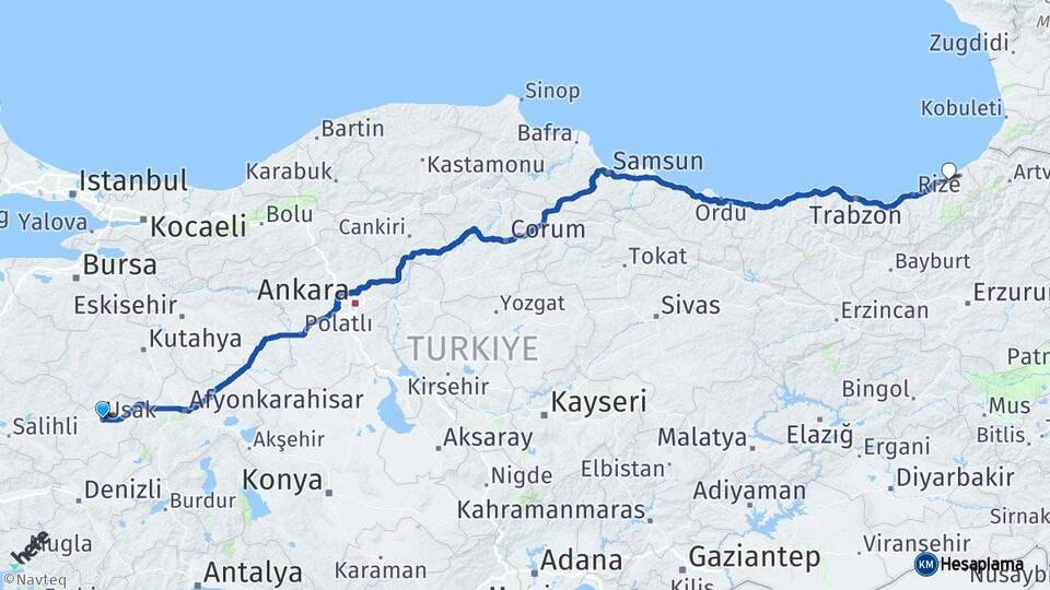 Uşak Ardeşen Rize Arası Kaç Km - Yol Haritası