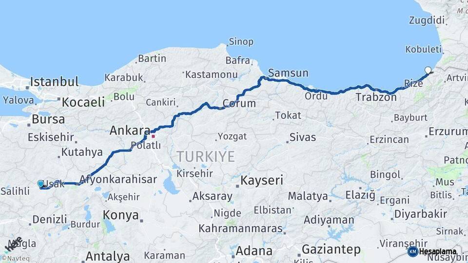 Uşak Arhavi Artvin Arası Kaç Km - Yol Haritası