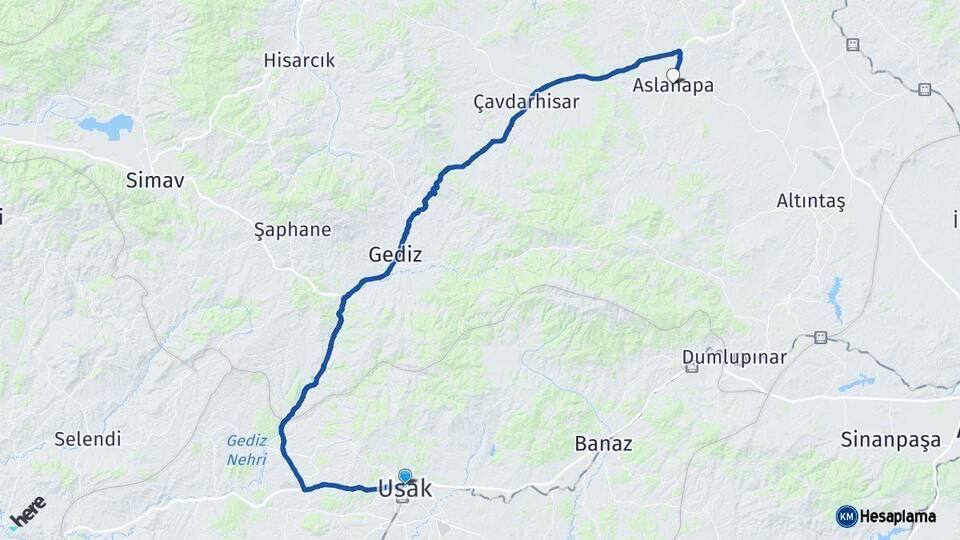 Uşak Aslanapa Kütahya Arası Kaç Km - Yol Haritası