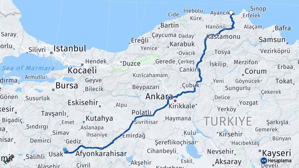 Uşak Ayancık Sinop Arası Kaç Km - Yol Haritası