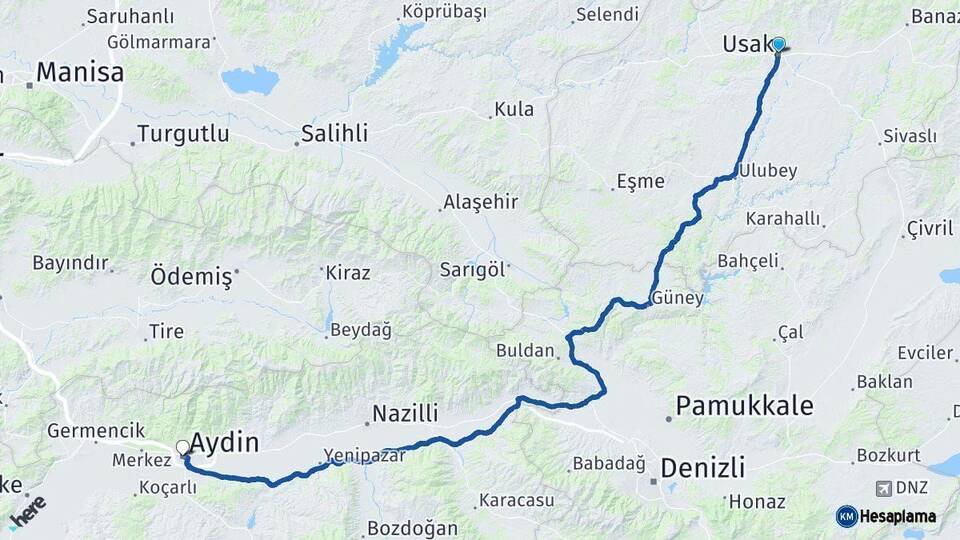 Uşak Aydın Arası Kaç Km - Yol Haritası