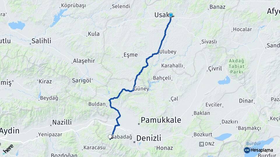 Uşak Babadağ Denizli Arası Kaç Km - Yol Haritası