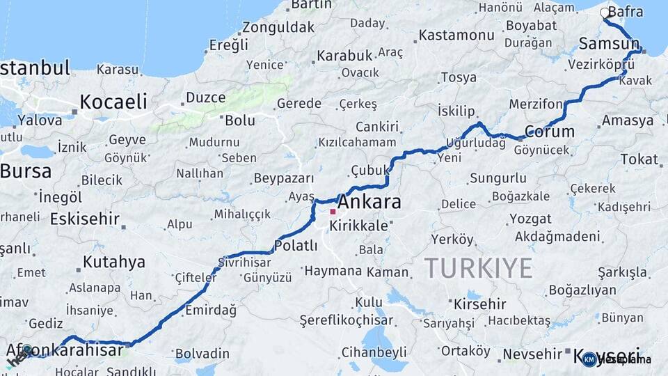Uşak Bafra Samsun Arası Kaç Km - Yol Haritası