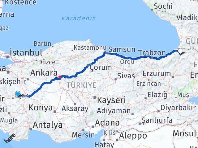 Uşak Banaz Artvin Arası Kaç Km - Yol Haritası