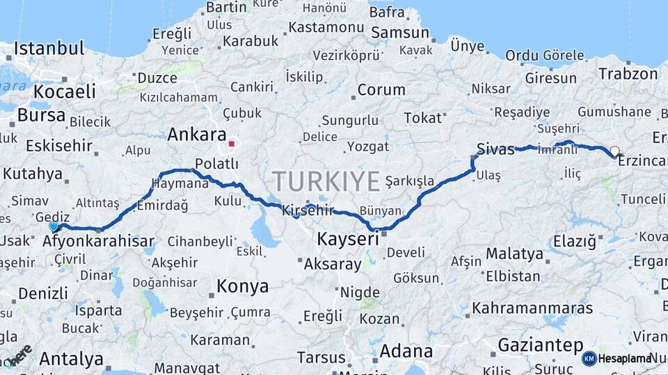 Uşak Banaz Erzincan Arası Kaç Km - Yol Haritası