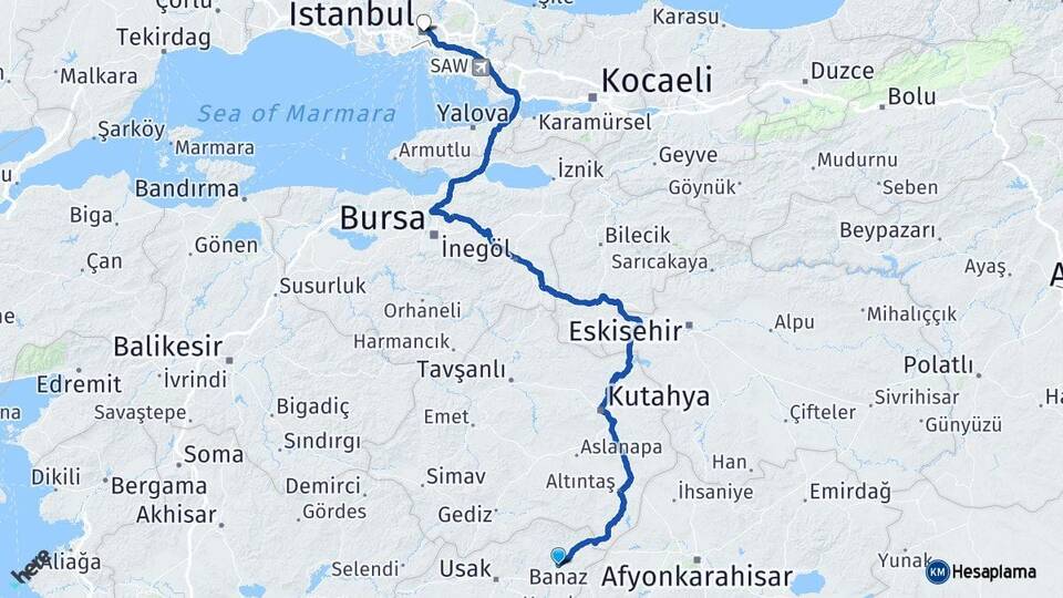 Uşak Banaz İstanbul Arası Kaç Km - Yol Haritası