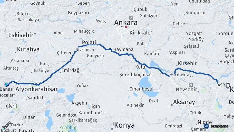 Uşak Banaz Kayseri Arası Kaç Km - Yol Haritası
