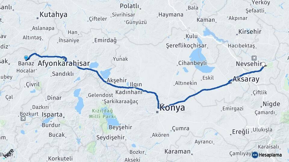 Uşak Banaz Nevşehir Arası Kaç Km - Yol Haritası