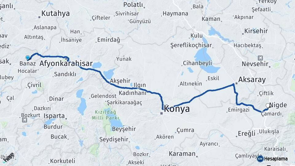 Uşak Banaz Niğde Arası Kaç Km - Yol Haritası