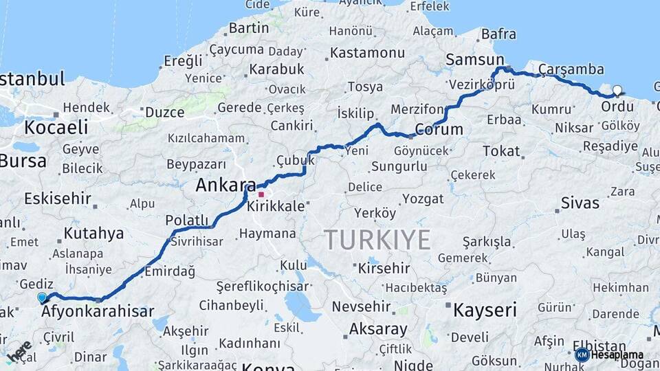 Uşak Banaz Ordu Arası Kaç Km - Yol Haritası