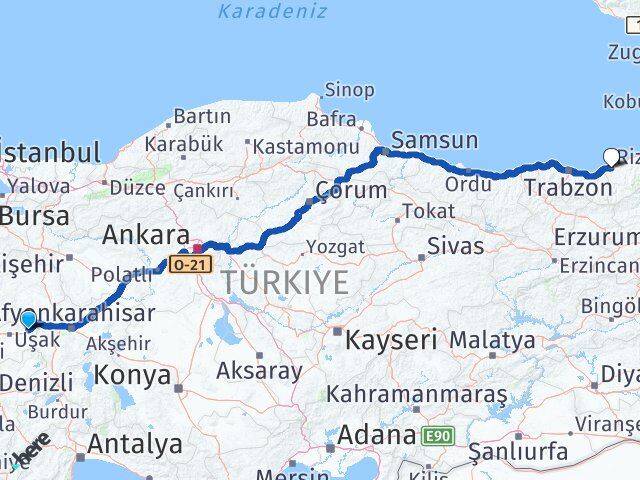 Uşak Banaz Rize Arası Kaç Km - Yol Haritası