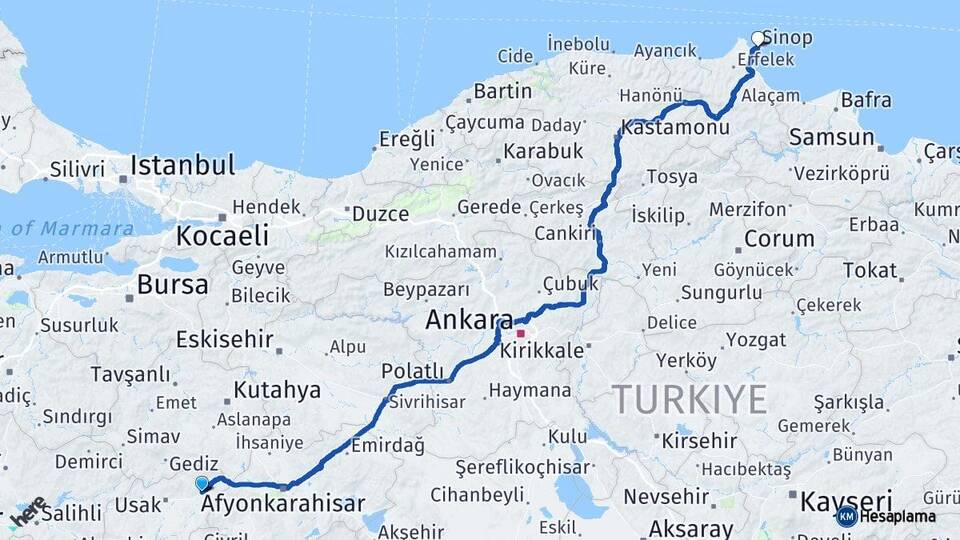 Uşak Banaz Sinop Arası Kaç Km - Yol Haritası