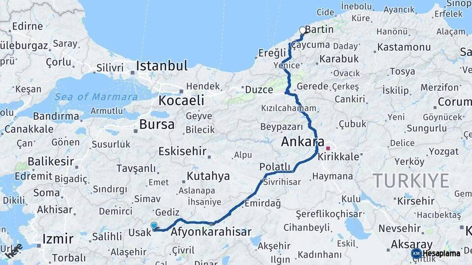 Uşak Bartın Arası Kaç Km - Yol Haritası