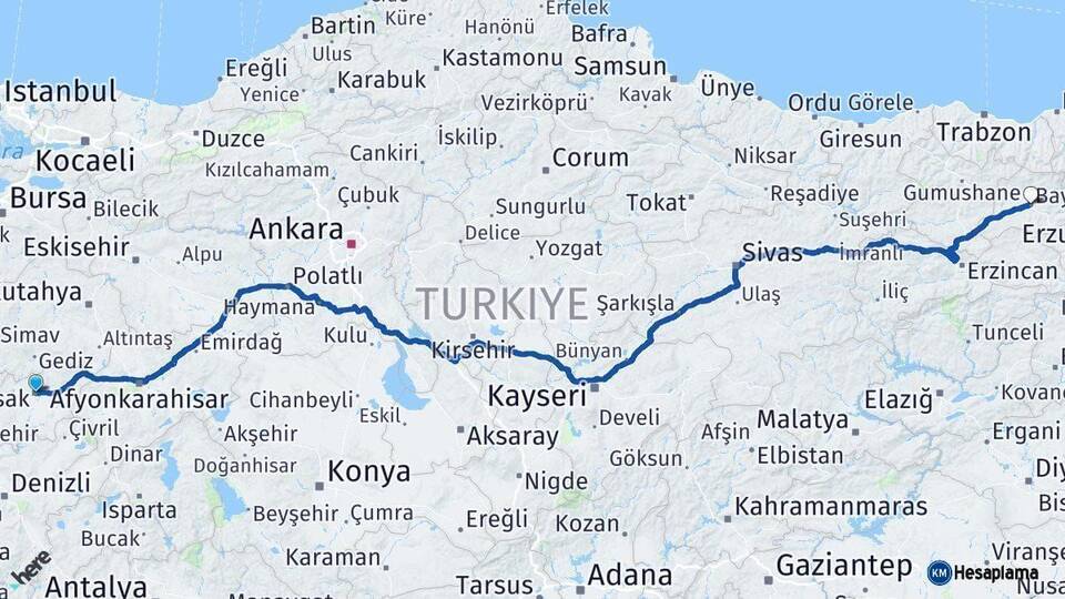Uşak Bayburt Arası Kaç Km - Yol Haritası