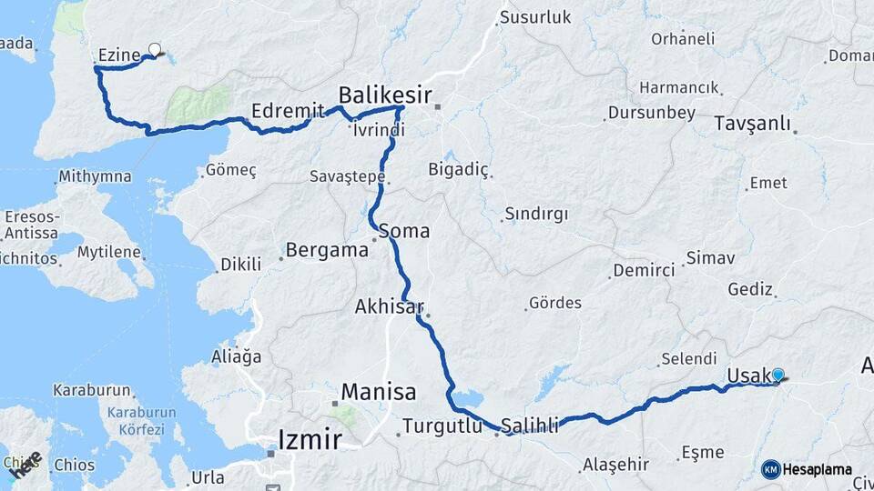 Uşak Bayramiç Çanakkale Arası Kaç Km - Yol Haritası