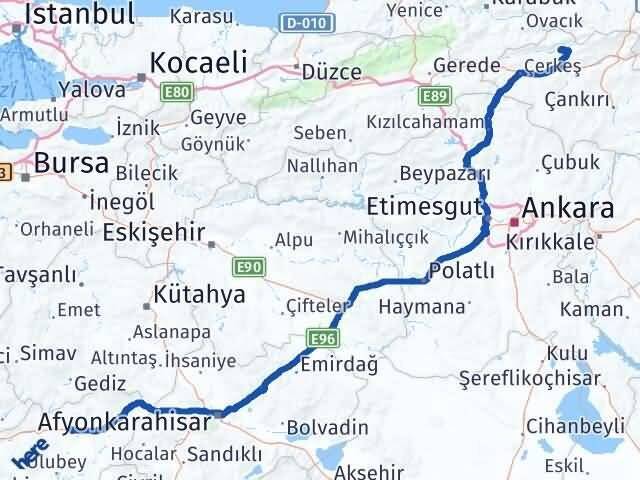 Uşak Bayramören Çankırı Arası Kaç Km - Yol Haritası