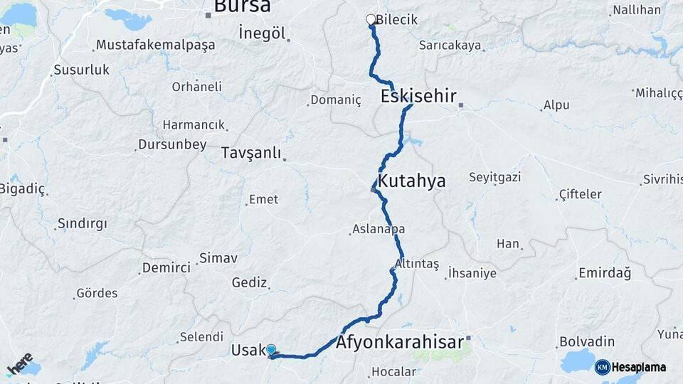 Uşak Bilecik Arası Kaç Km - Yol Haritası