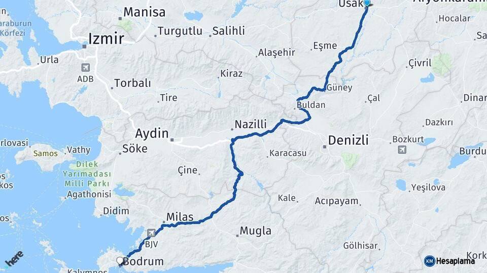 Uşak Bodrum Muğla Arası Kaç Km - Yol Haritası