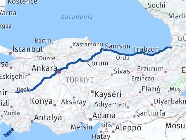 Uşak Borçka Artvin Arası Kaç Km - Yol Haritası