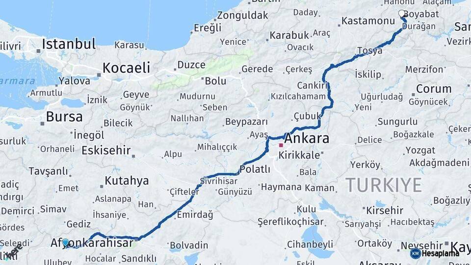 Uşak Boyabat Sinop Arası Kaç Km - Yol Haritası