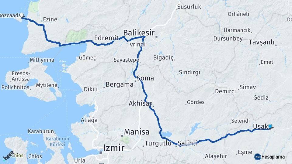 Uşak Bozcaada Çanakkale Arası Kaç Km - Yol Haritası