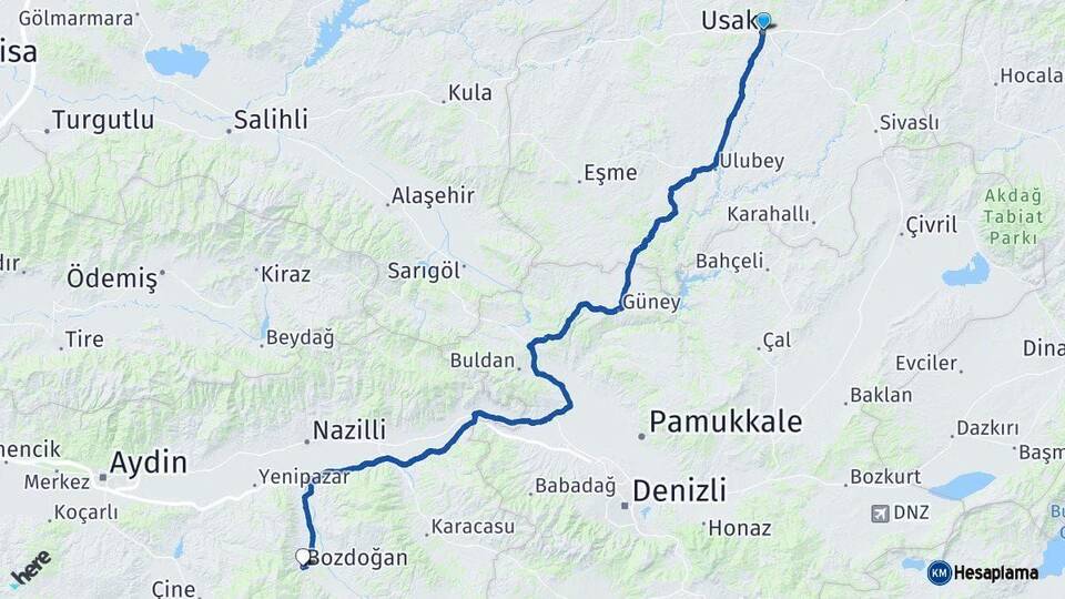 Uşak Bozdoğan Aydın Arası Kaç Km - Yol Haritası