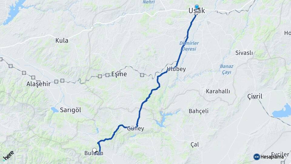 Uşak Buldan Denizli Arası Kaç Km - Yol Haritası