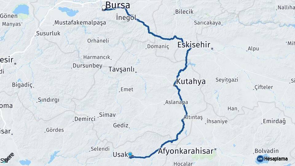 Uşak Bursa Arası Kaç Km - Yol Haritası