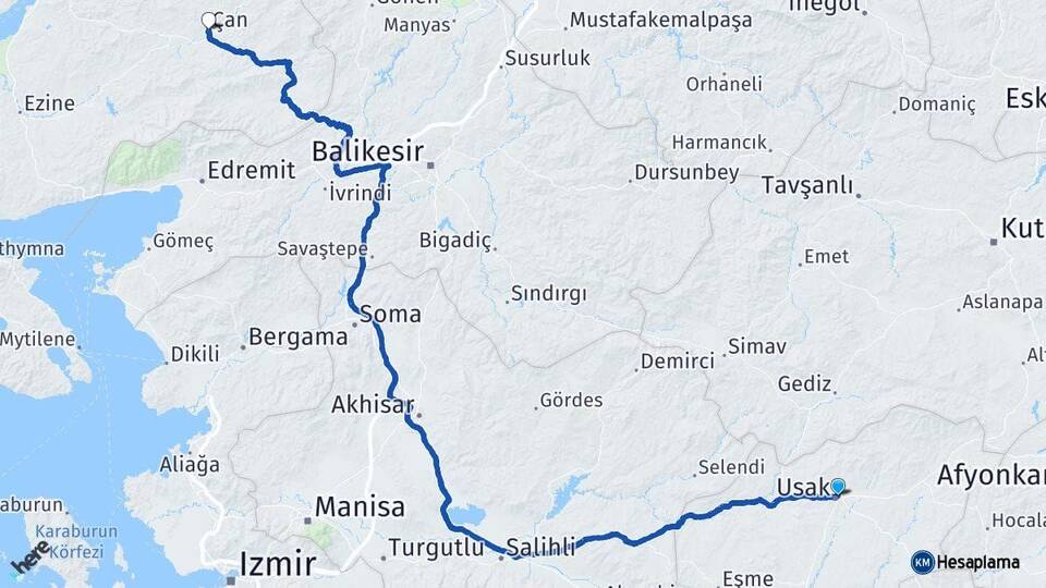 Uşak Çan Çanakkale Arası Kaç Km - Yol Haritası