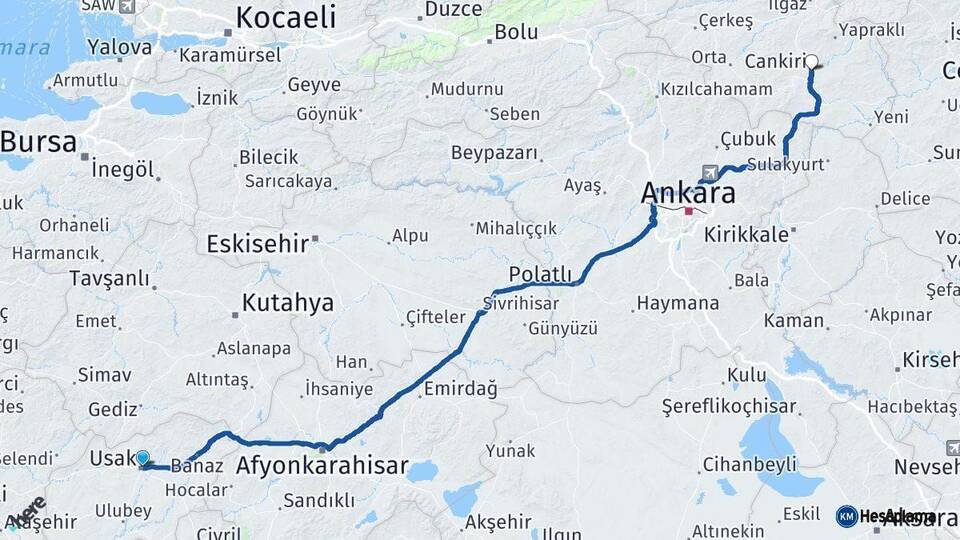 Uşak Çankırı Arası Kaç Km - Yol Haritası