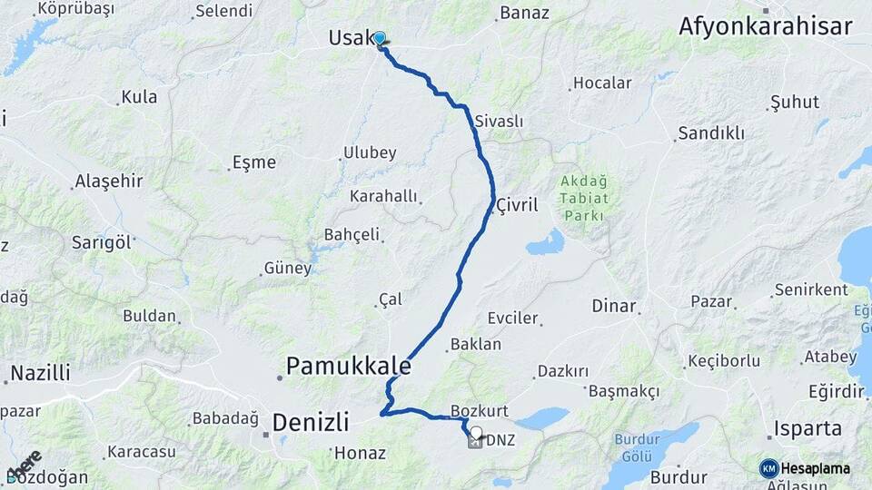 Uşak Çardak Havalimanı Arası Kaç Km - Yol Haritası