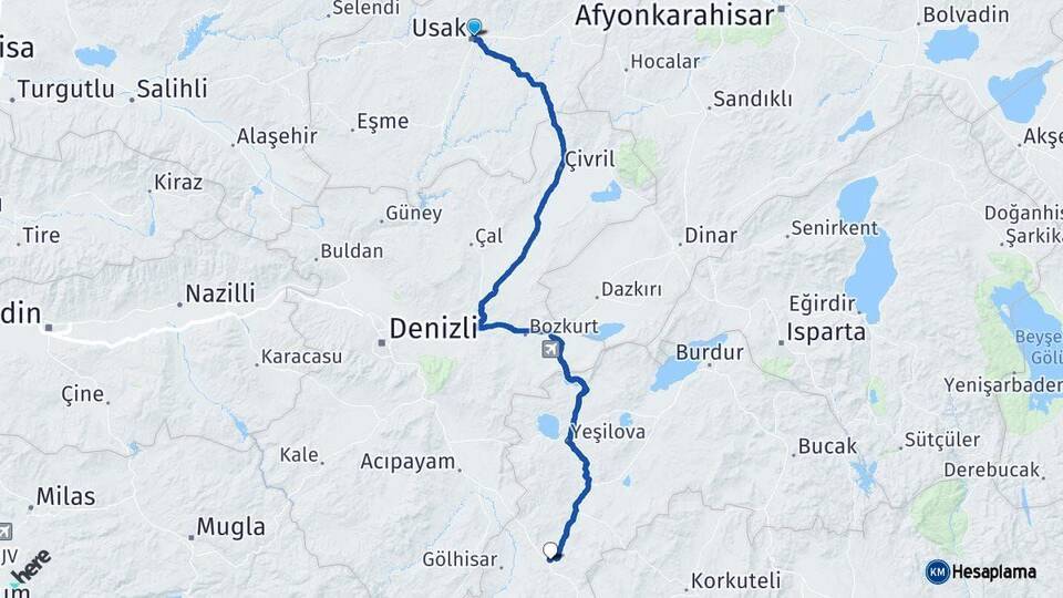 Uşak Çavdır Burdur Arası Kaç Km - Yol Haritası
