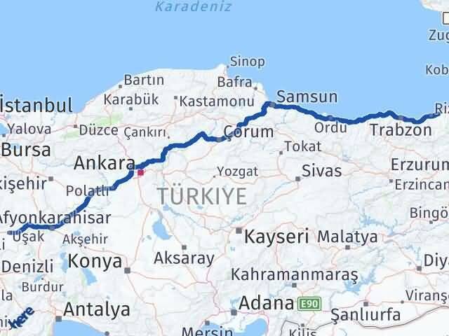 Uşak Çayeli Rize Arası Kaç Km - Yol Haritası
