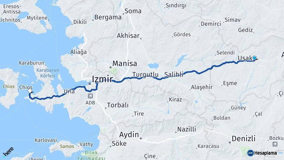 Uşak Çeşme İzmir Arası Kaç Km - Yol Haritası