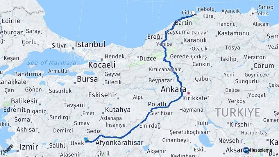 Uşak Cide Kastamonu Arası Kaç Km - Yol Haritası