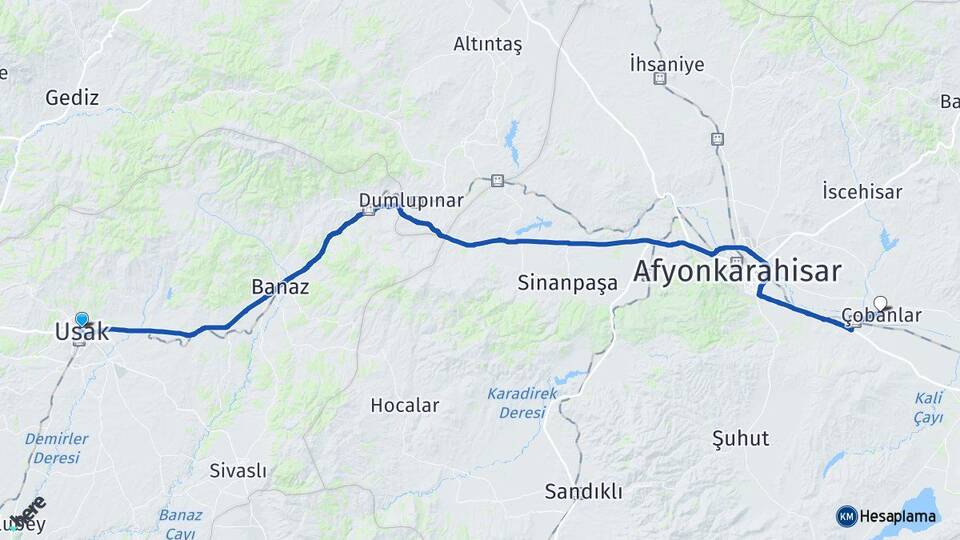 Uşak Çobanlar Afyonkarahisar Arası Kaç Km - Yol Haritası