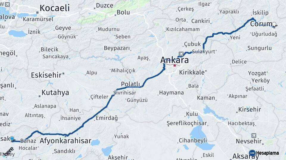 Uşak Çorum Arası Kaç Km - Yol Haritası